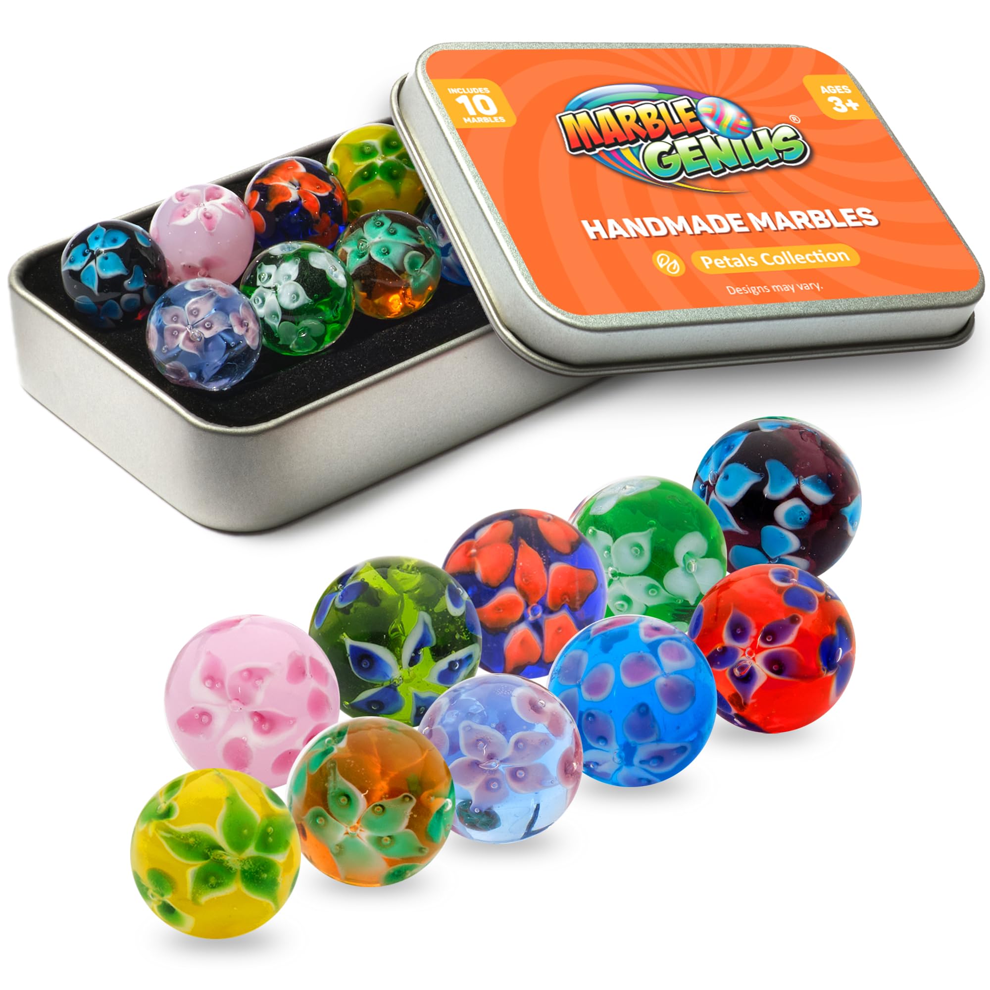 Marble Genius 16mm (5/8 Inch) Glass Marbles - Petals Collection Set of 10 | Kids Toys, Marble Games, DIY Crafts & Home Decor