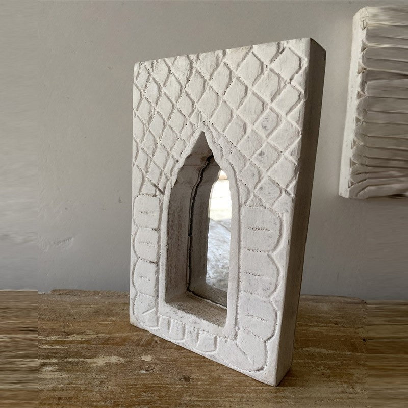 Hand Carved Indian Solid Wood Temple Mirror - 23cm Whitewashed Wall Decor for Home, Living Room, Bedroom & Spiritual Spaces