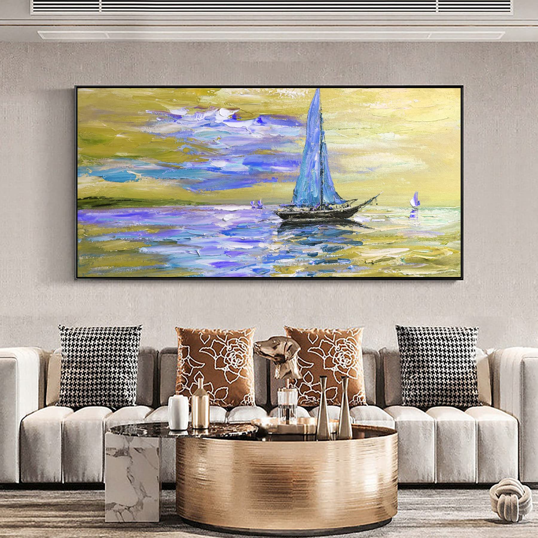 Hand-Painted Beach Oil Painting - 64x32 Inch Abstract Ocean Wall Art for Living Room Decor | Gold Coastal Artwork | Unframed Canvas | Perfect Christmas Gift for Men | Home & Office Wall Decor