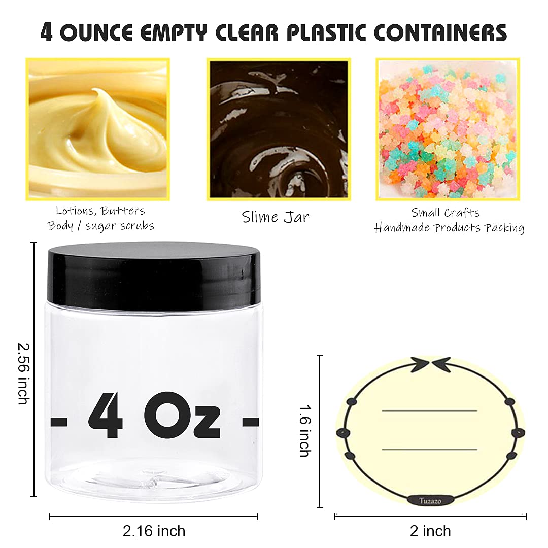36 Pack 4 Oz BPA-Free Plastic Jars with Lids & Labels - Clear Round Empty Cosmetic Containers for Lotion, Cream, Ointment, Body Butter - Perfect for DIY Beauty Products, Travel Storage & Slime Making (36 Count)
