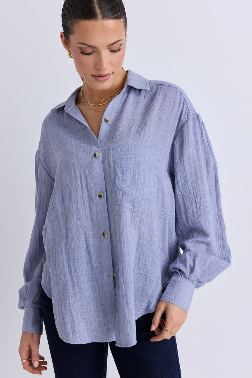 Light Blue Muslin Drop Shoulder Shirt for Women - Soft & Breezy Casual Top for Summer Outfits, Beach Wear and Boho Style
