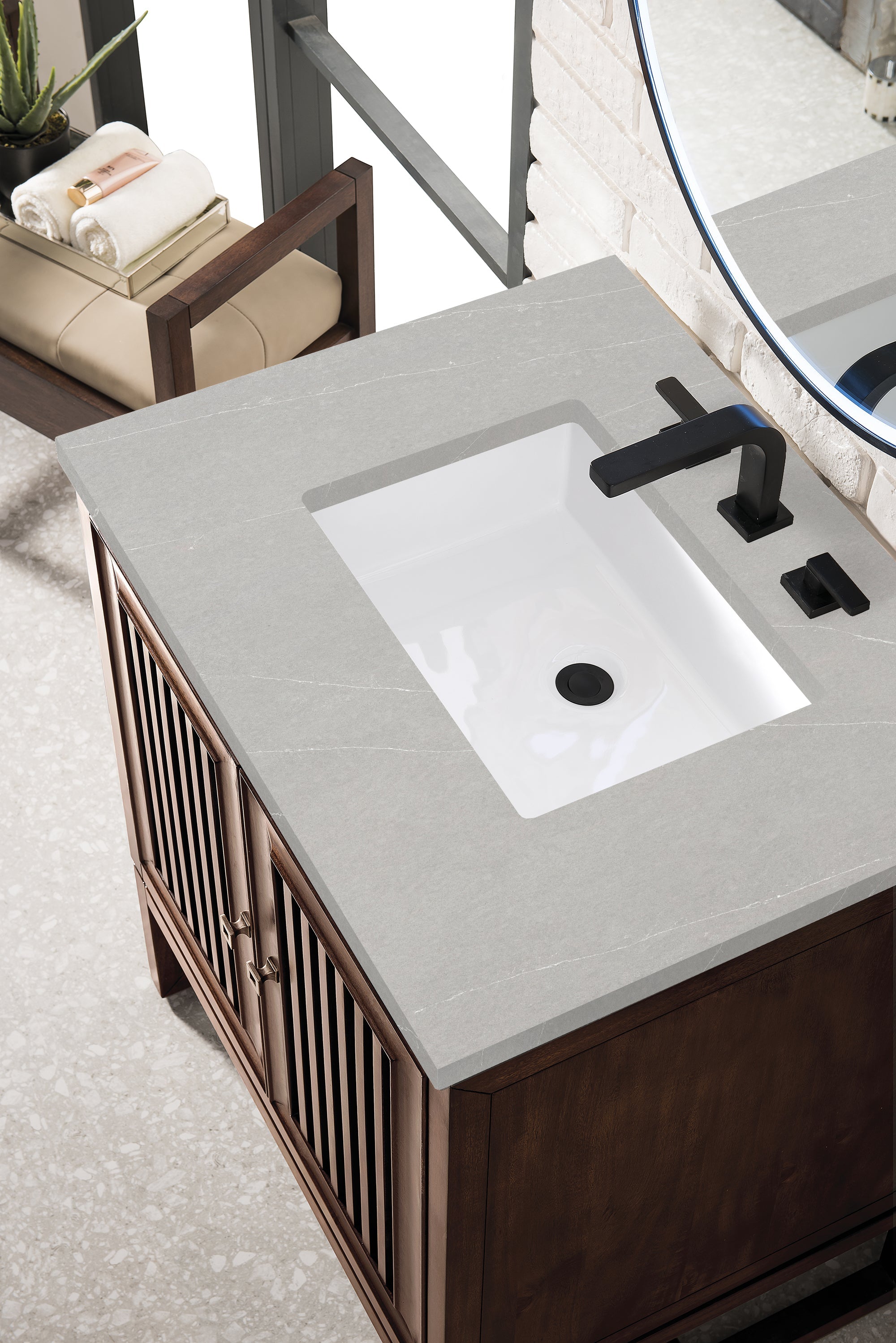 Athens 30 Inch Single Vanity Cabinet with 3CM Eternal Serena Top - Mid Century Modern Acacia Wood Bathroom Vanity for Small Spaces | Perfect for Powder Rooms, Guest Baths & Apartment Renovations