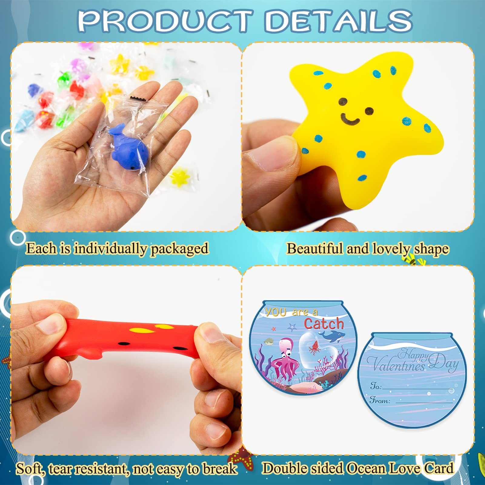 Valentine's Day Cards Gift Set with 36Pcs Sea Animal Mochi Squishy Toys for Kids - Classroom Exchange, Party Favors, School Activities & Toddler Valentine Gifts