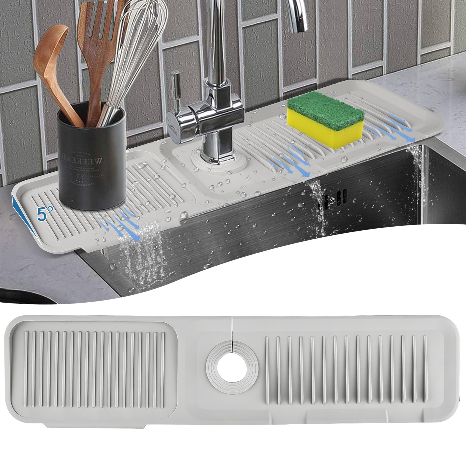Non-Slip Silicone Faucet Mat for Kitchen Sink - Dish Soap & Sponge Holder - Water Absorbent Drying Mat - Splash Guard for Kitchen Counter, Bathroom Sink - Perfect for Organizing and Protecting Your Sink Area