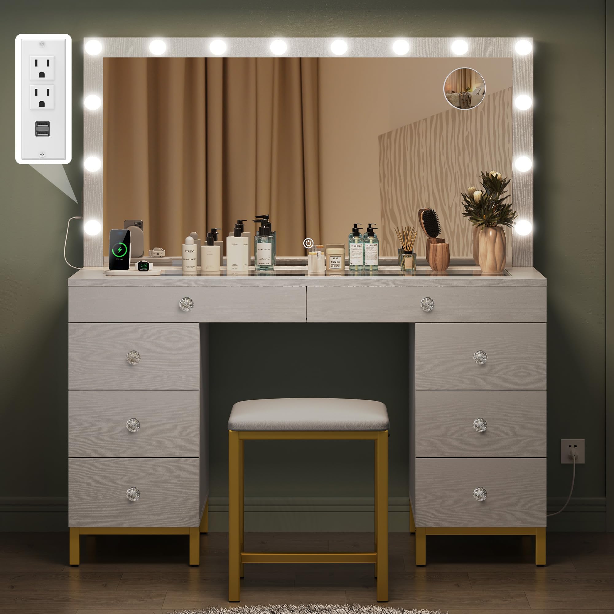 DWVO Vanity Desk with Mirror and Lights - Large Makeup Table with 8 Drawers, Power Outlet & Dimmable 3-Color LED Lighting - White Vanity Set for Bedroom, Dressing Room & Home Salon - Perfect for Makeup Application, Skincare Routine and Beauty Organization
