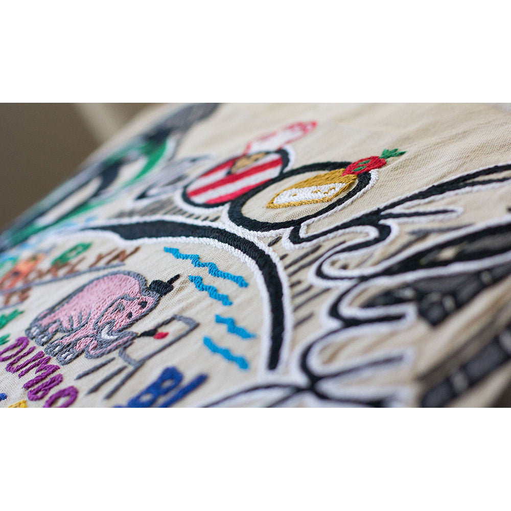 Hand Embroidered Brooklyn Themed Decorative Pillow - Boho Chic Home Decor for Living Room, Bedroom & Sofa