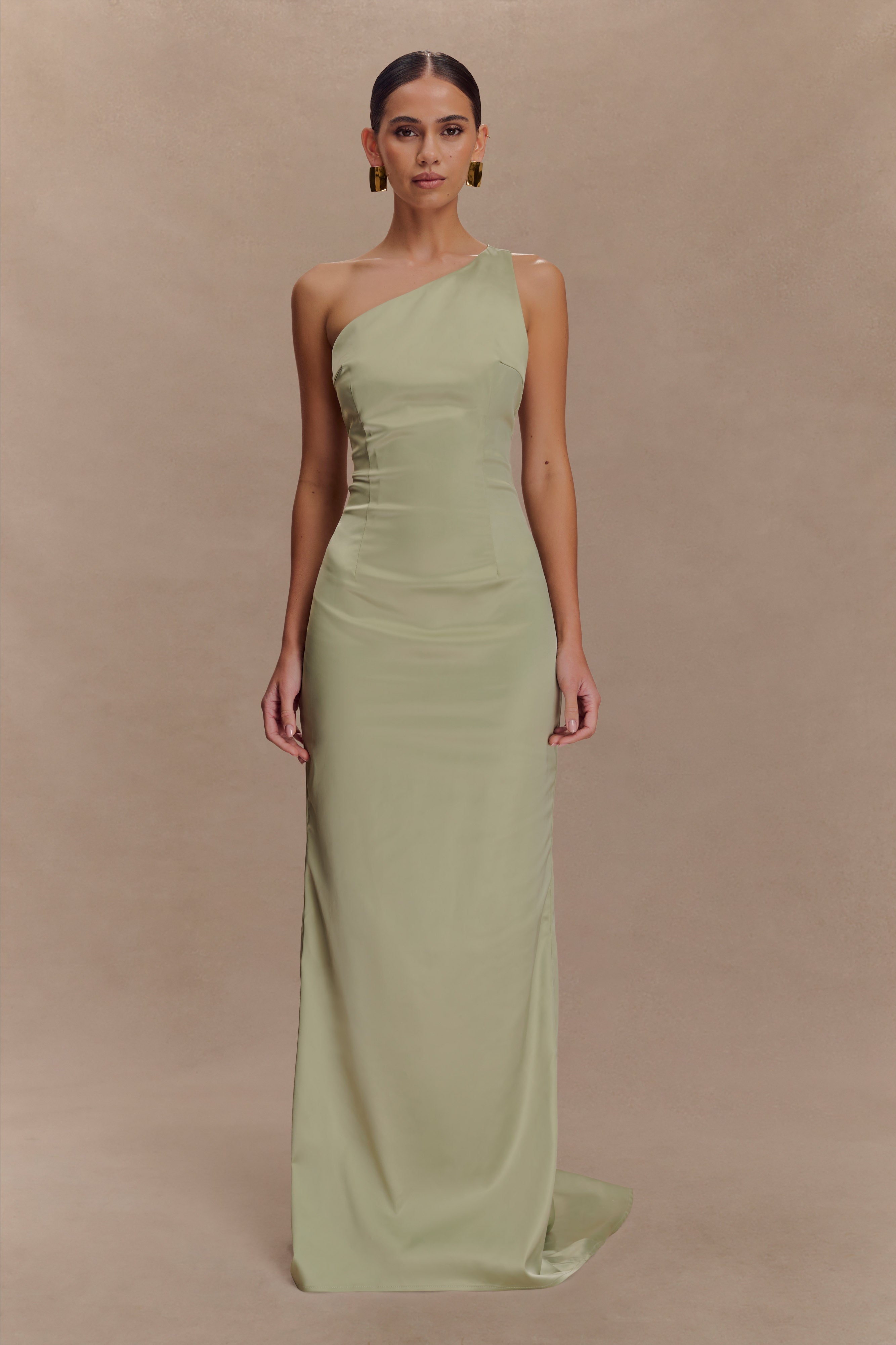 Harper One Shoulder Long Evening Gown in Sage Green - Elegant Formal Dress for Prom, Wedding & Special Occasions
