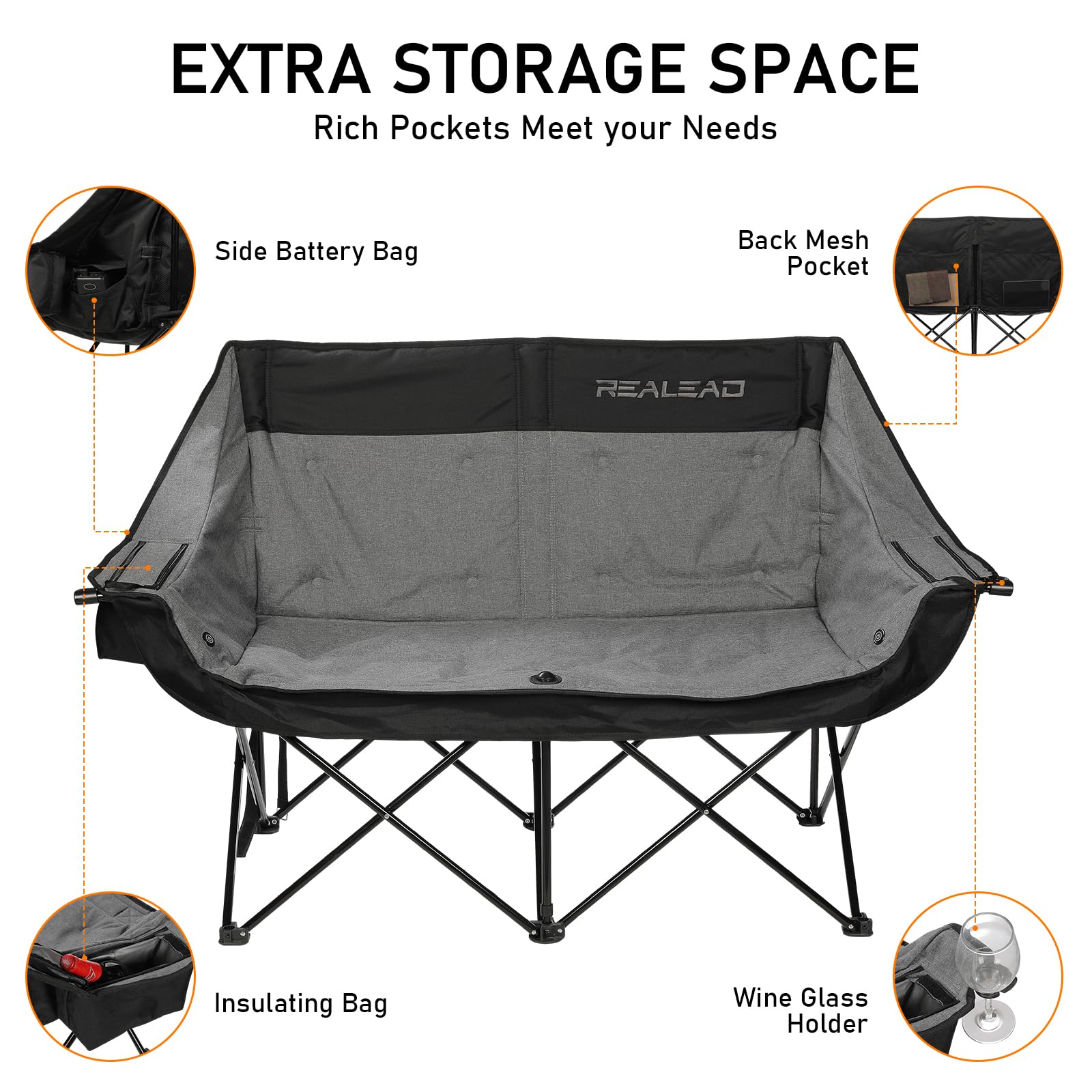 REALEAD Heated Double Camping Chair with 3 Heat Levels & 4 Heating Zones - 650lbs Capacity Portable Folding Loveseat for Couples - Perfect for Outdoor Camping, Hiking, Picnics, and Winter Sports (Battery Not Included)