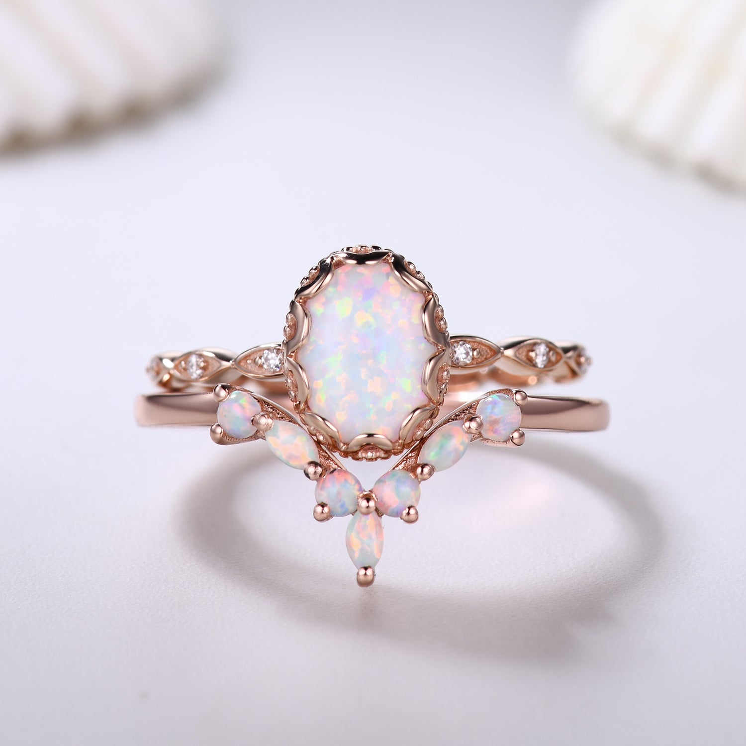 14K Rose Gold Oval Opal and Diamond Bridal Ring Set - Elegant Curved Wedding Band for Women, Perfect Anniversary Gift for Her | Ideal for Engagement, Wedding Ceremony & Romantic Occasions