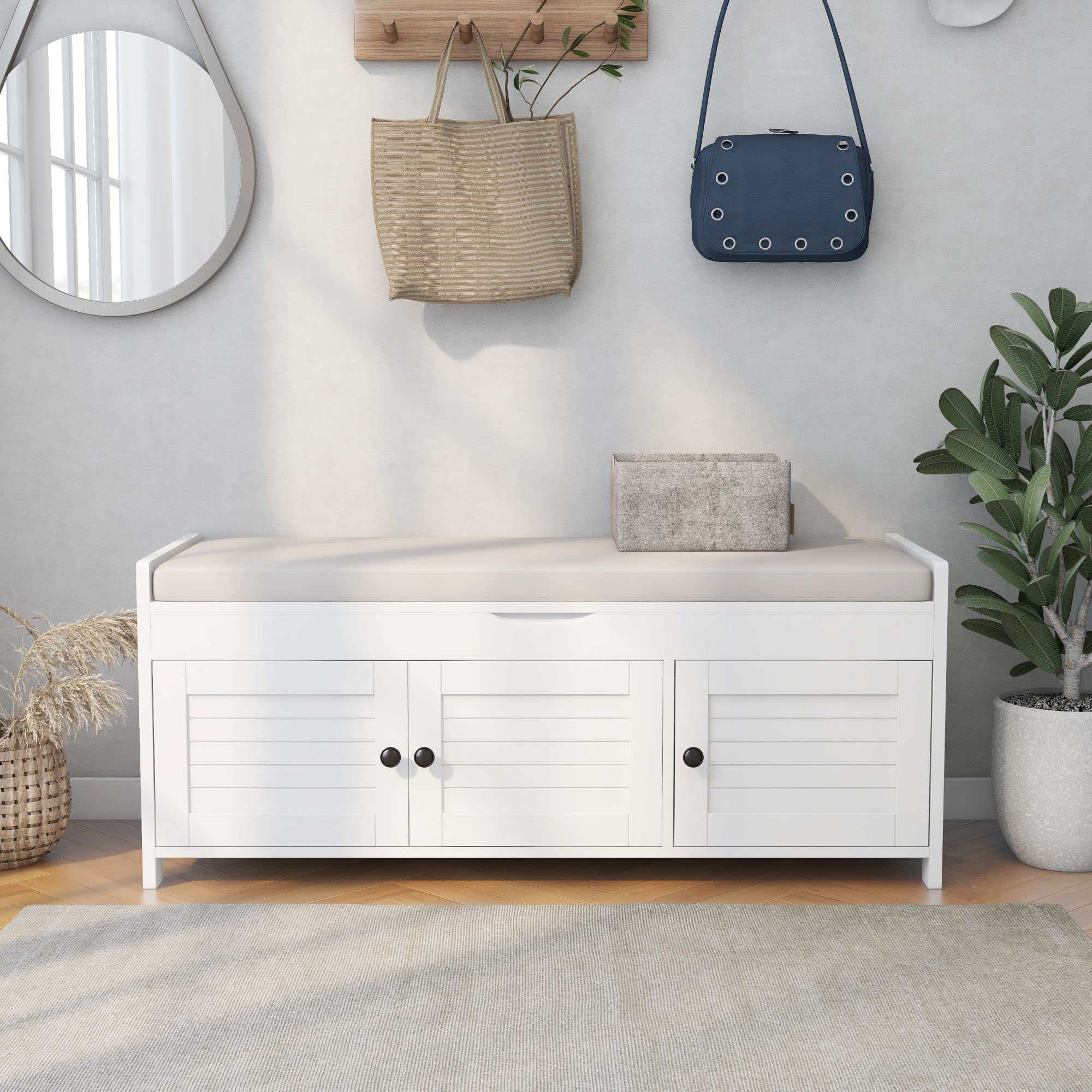 SOFTSEA White Upholstered Storage Ottoman Bench with Removable Beige Cushion - 3 Shutter Doors & Hidden Compartment - Multi-Functional Entryway, Living Room, Bedroom Furniture for Shoes, Blankets & Home Organization