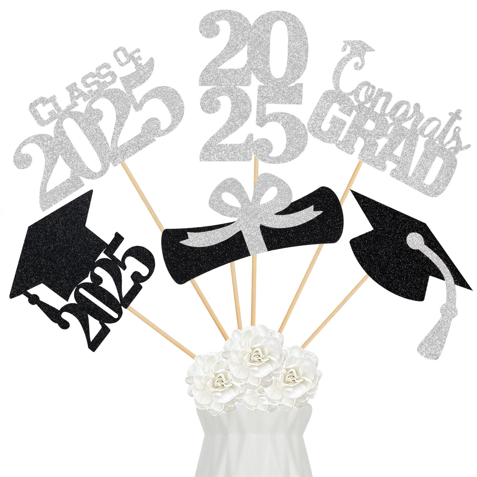 24Pcs Silver Graduation Table Centerpieces Sticks - Elegant Class of 2025 Graduation Party Decorations for Tables, Commencement Ceremony & High School/College Graduation Celebrations
