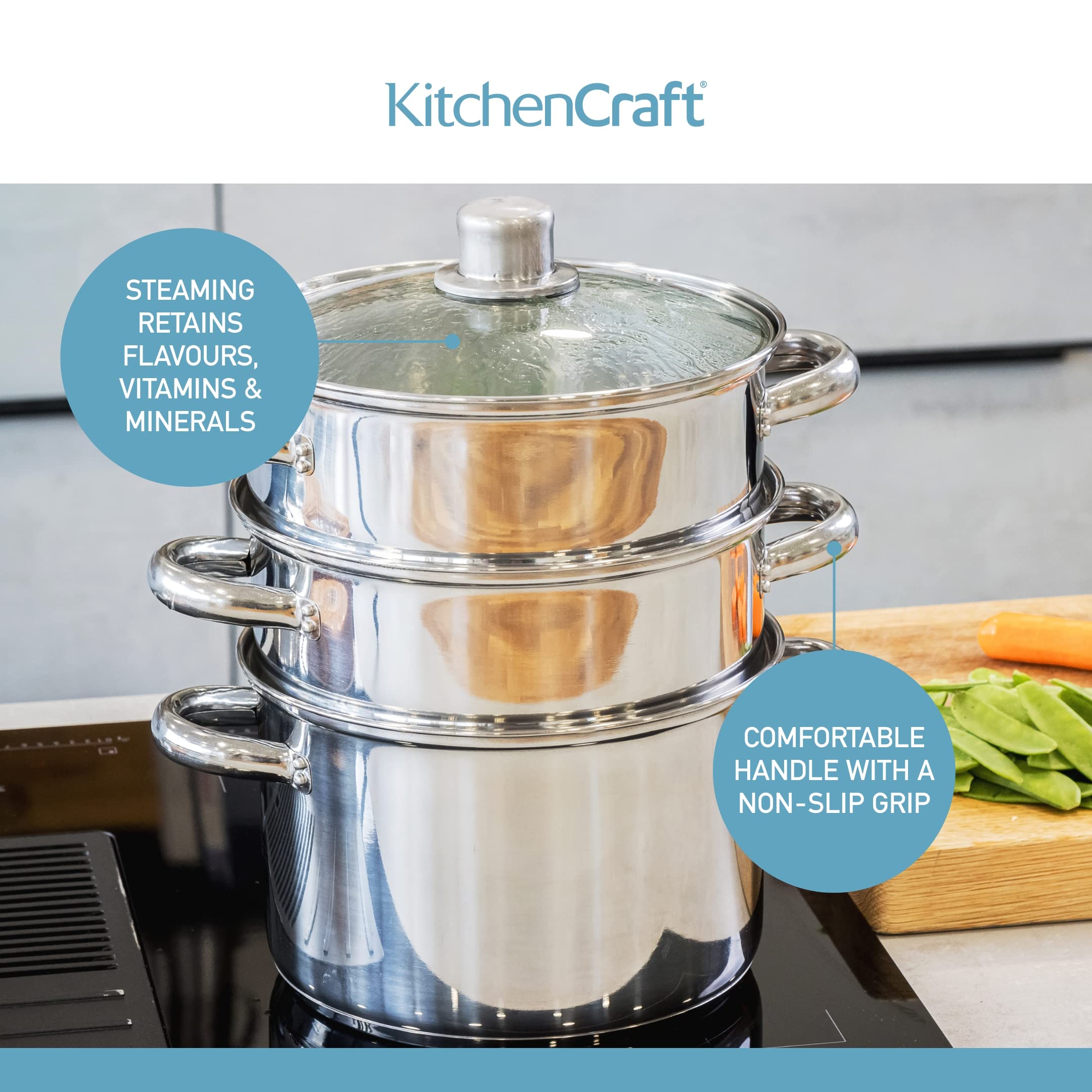 KitchenCraft 3-Tier Stainless Steel Food Steamer Pot with Lid - 22cm/8.5 Inch Silver Cooking Pan for Vegetables, Dumplings & Seafood - Perfect for Healthy Meal Prep, Asian Cuisine & Family Dinners