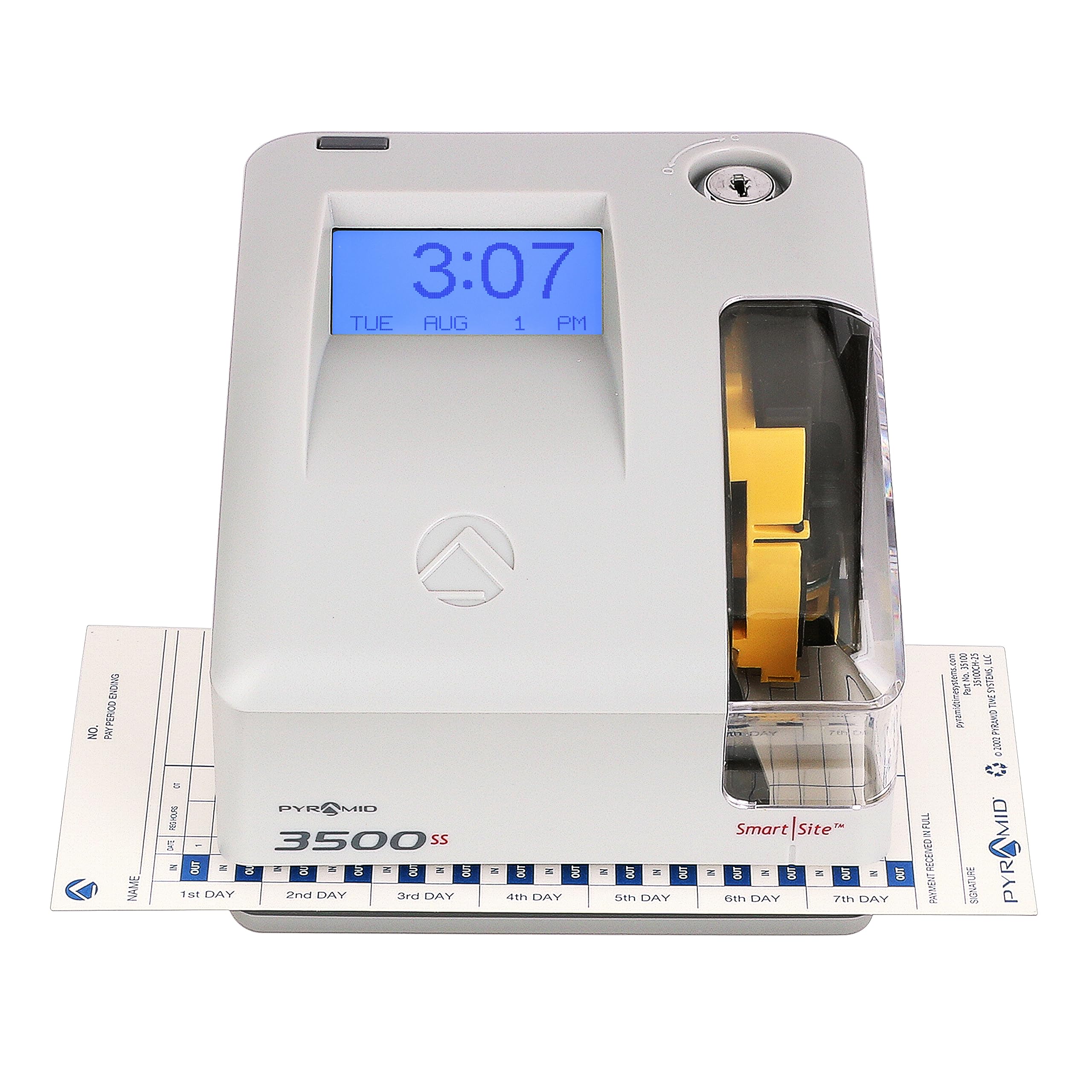Pyramid Time Systems 3500SS Employment Time Clock & Document Stamp with Smart Site Alignment - Punch Time Clock Kit Includes 25 Time Cards, 1 Ribbon & 2 Security Keys - Perfect for Small Business Employee Time Tracking & Payroll Documentation