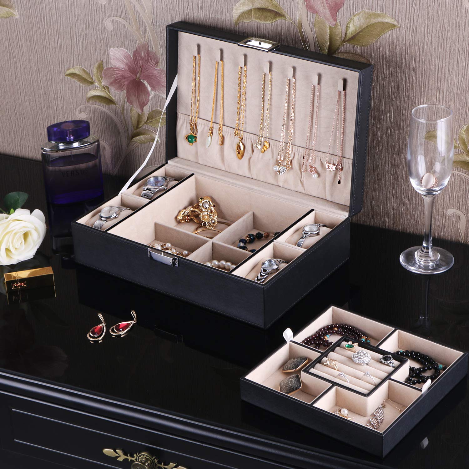 BEWISHOME Men's Jewelry Box Organizer - 4 Watch Case with Removable Tray, PU Leather Jewelry Storage for Necklaces, Earrings, Rings & Bracelets, Black Velvet Lining (SSH07B) - Perfect for Travel, Gifts & Home Organization