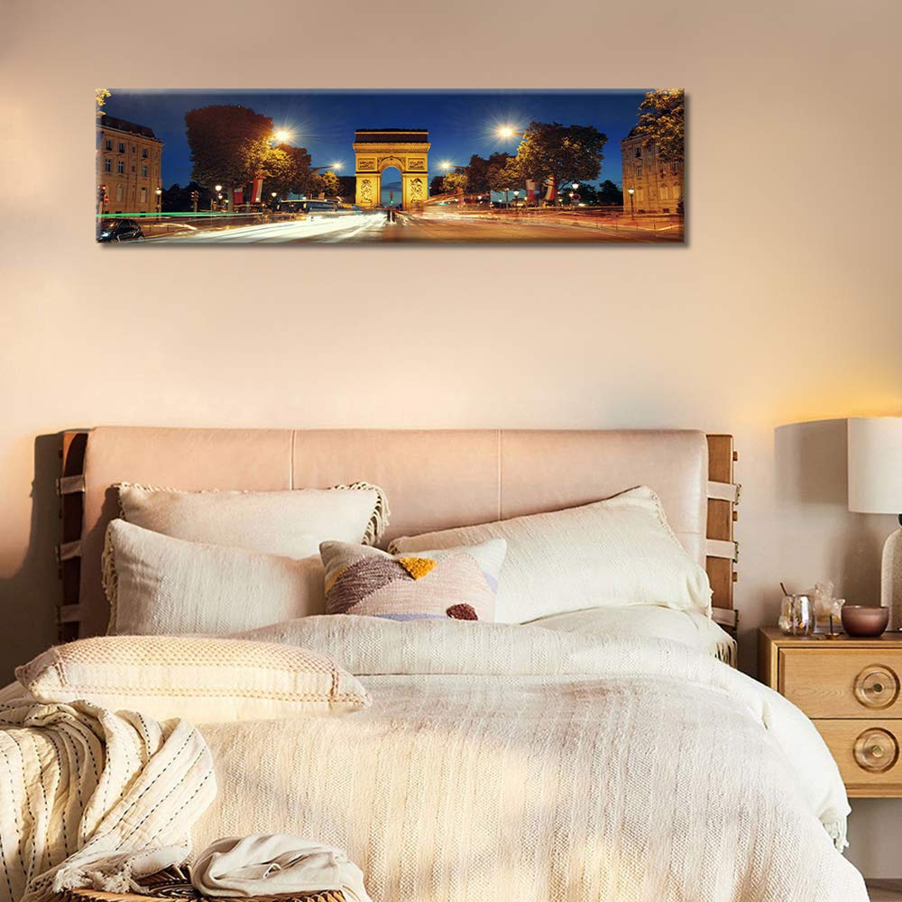 Arc de Triomphe Wall Art - Paris Night Landscape Framed Canvas Print (12x46 Inch) | Modern Home Decor for Living Room & Bedroom | Ready to Hang Wall Decor for French Theme, Office or Gift
