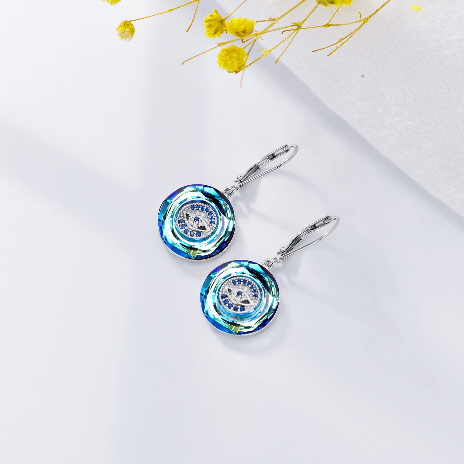 PEIMKO Sterling Silver Evil Eye Leverback Earrings with Crystal - Round Good Luck Protection Jewelry for Women - Perfect for Everyday Wear, Gift Giving & Spiritual Protection