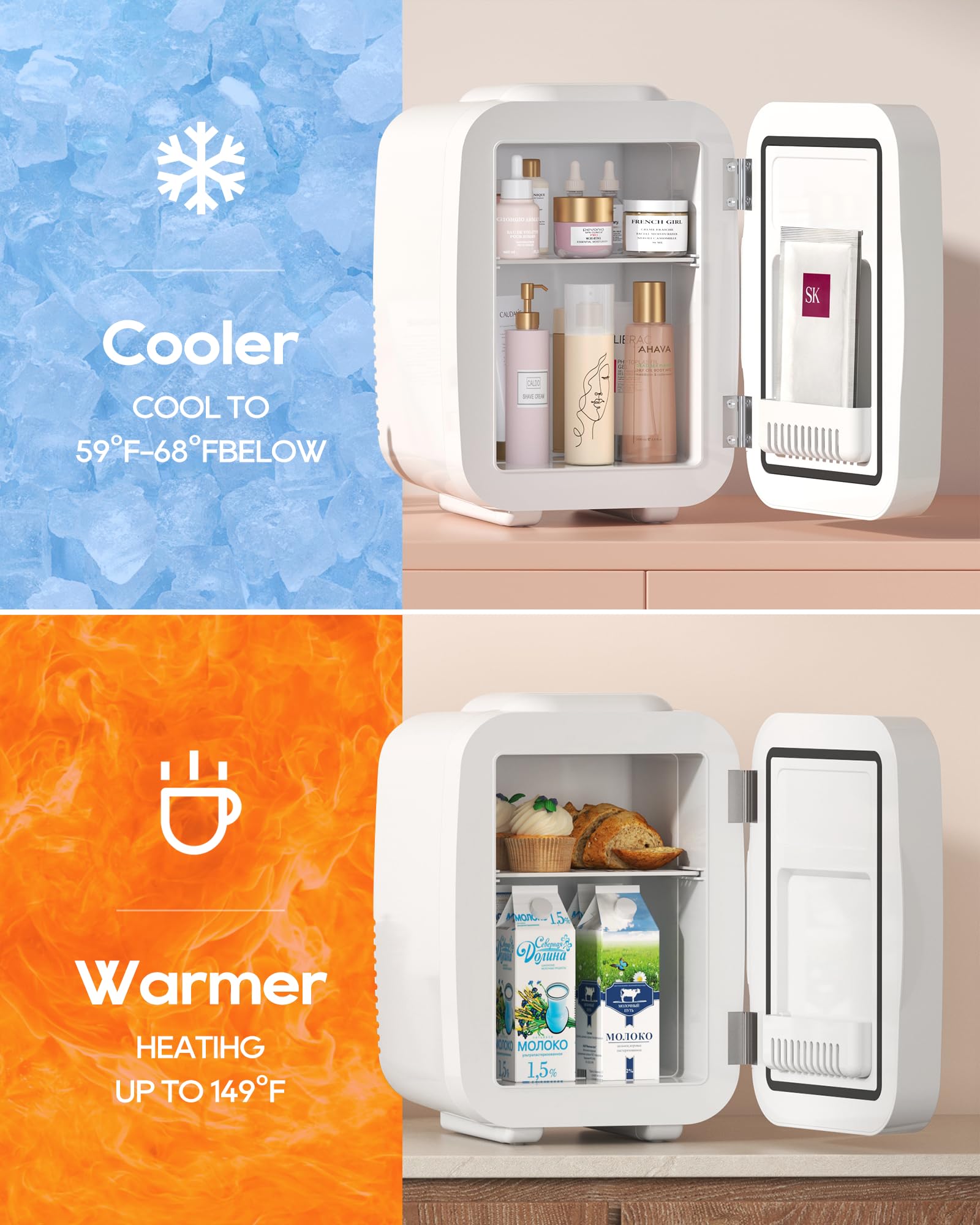 Mini Skincare Fridge with Dimmable LED Light Mirror - 4L/6 Can Portable Cooler & Warmer for Makeup, Cosmetics, Food - Perfect for Bedroom, Office, Car & Dorm - Keep Your Skincare Fresh & Organized