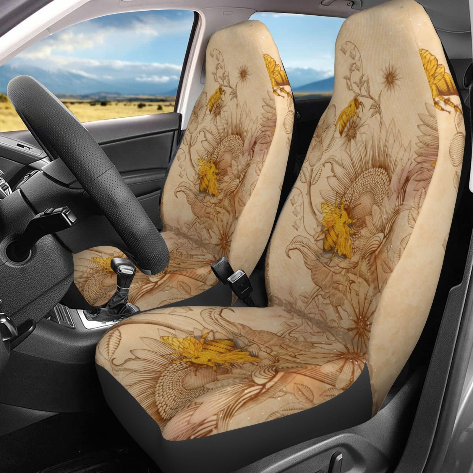 Foruidea Honey Bees Wildflowers Car Seat Covers - Universal 2-Piece Set for Most Cars, SUVs, Sedans & Trucks | Waterproof & Non-Slip Auto Seat Protectors | Perfect for Road Trips, Camping & Daily Commute