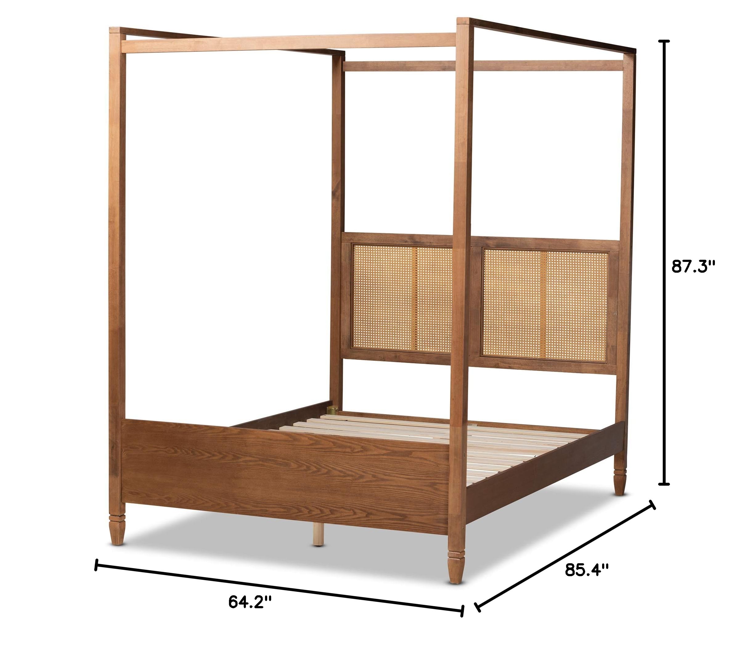 Baxton Studio Malia Modern Queen Size Canopy Bed - Walnut Brown Wood & Rattan Design for Bedroom Decor | Perfect for Contemporary Master Bedrooms and Guest Rooms