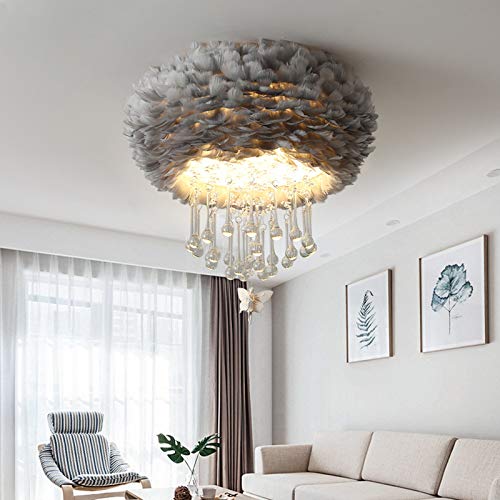 LITFAD Modern Grey Feather Ceiling Light with Crystal Accents - 19.5
