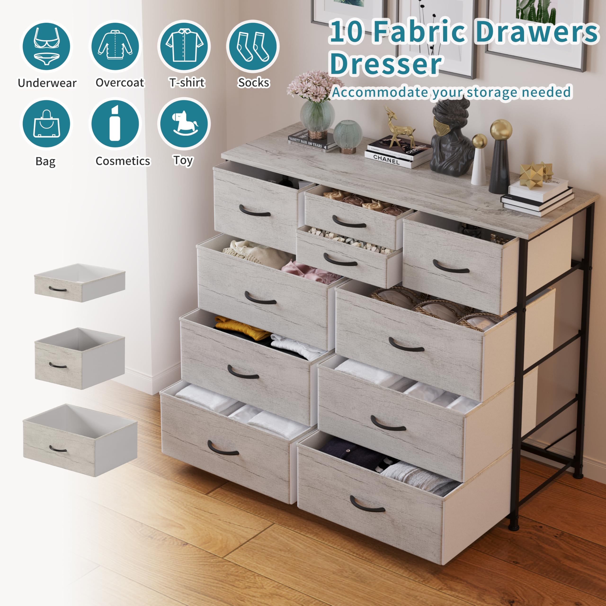 LUMTOK 10-Drawer Dresser - Fabric Storage Organizer with Steel Frame & Wood Top for Bedroom, Nursery, Closet - Easy Pull Handle (Greige) | Perfect for Small Spaces, Dorm Rooms & Home Organization