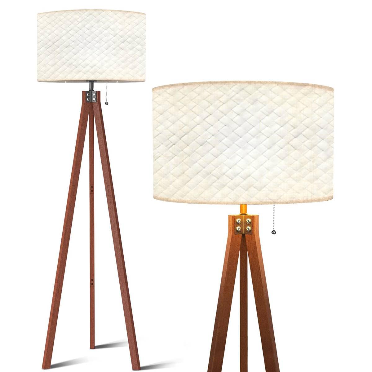 Modern Wood Tripod Floor Lamp with Dimmable Linen Lampshade - Mid Century Standing Lamp for Living Room & Bedroom - Perfect for Cozy Reading Nooks and Ambient Lighting
