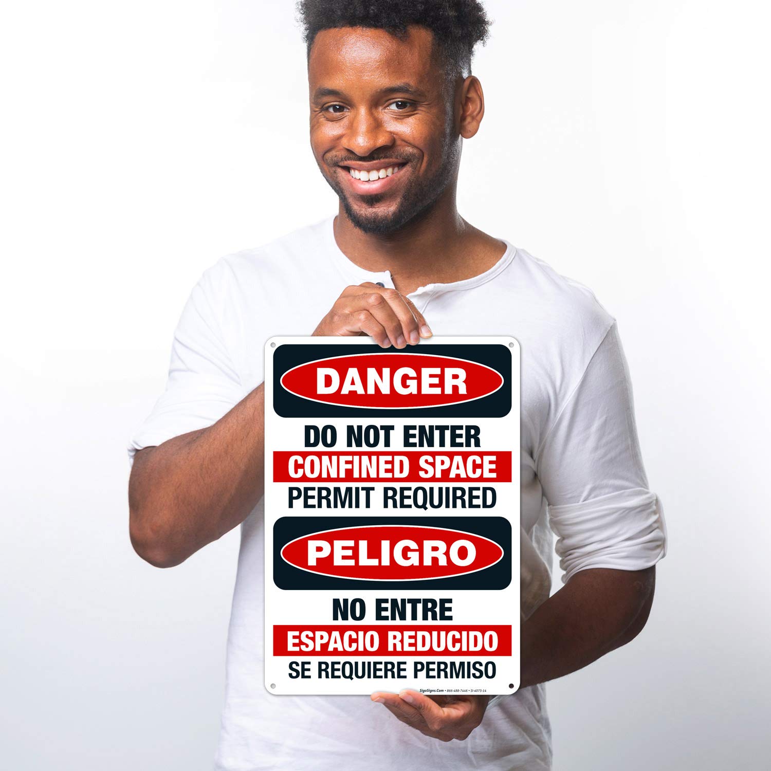 Do Not Enter Confined Space Permit Required Bilingual OSHA Danger Sign - 10x14 Inch Rust-Free .040 Aluminum Safety Sign - Fade Resistant for Indoor/Outdoor Use - Made in USA - Perfect for Construction Sites, Factories & Industrial Areas