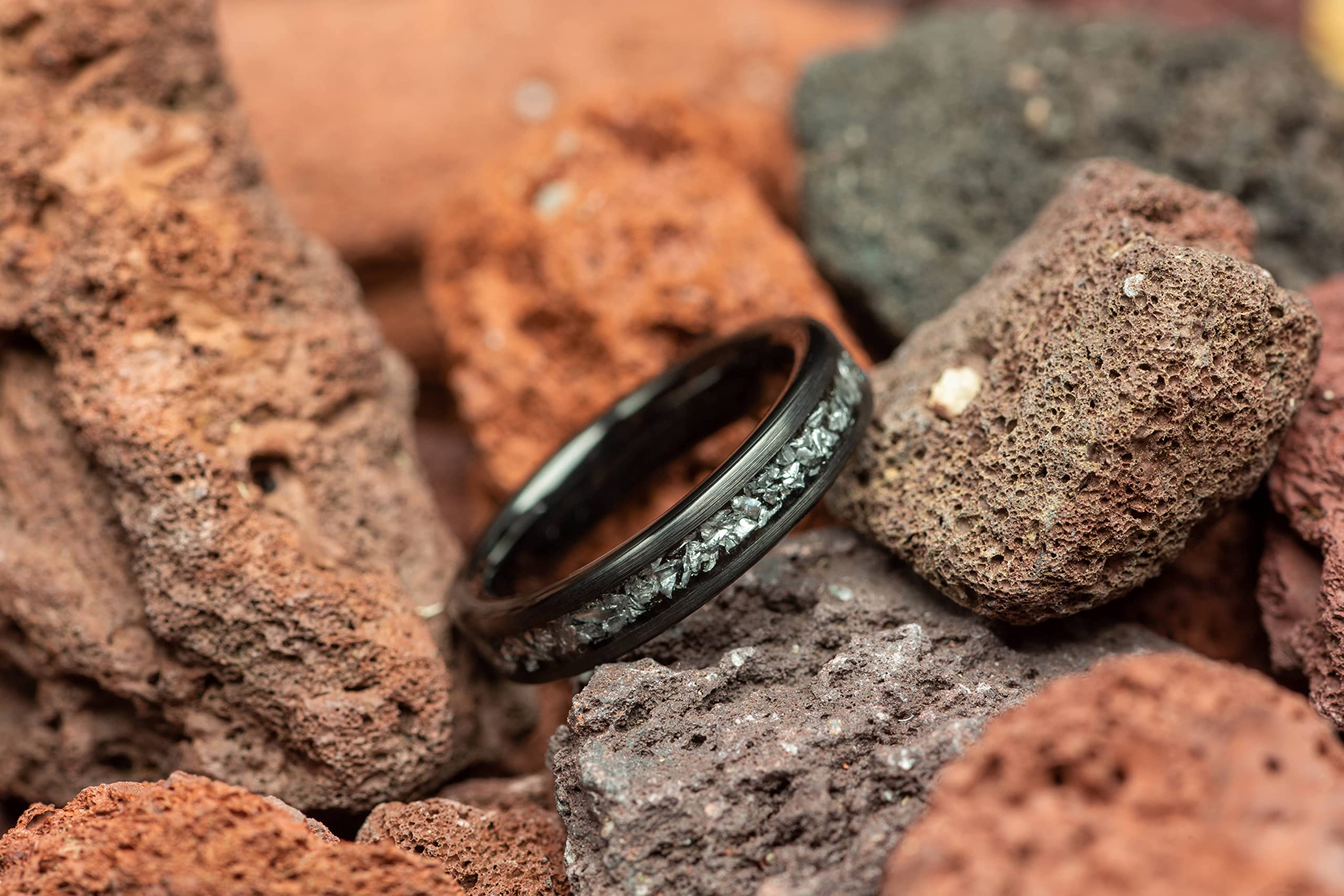 Black Tungsten Meteorite Women's Wedding Ring - 4mm Comfort Fit Band for Her - Perfect for Engagement, Anniversary & Everyday Wear