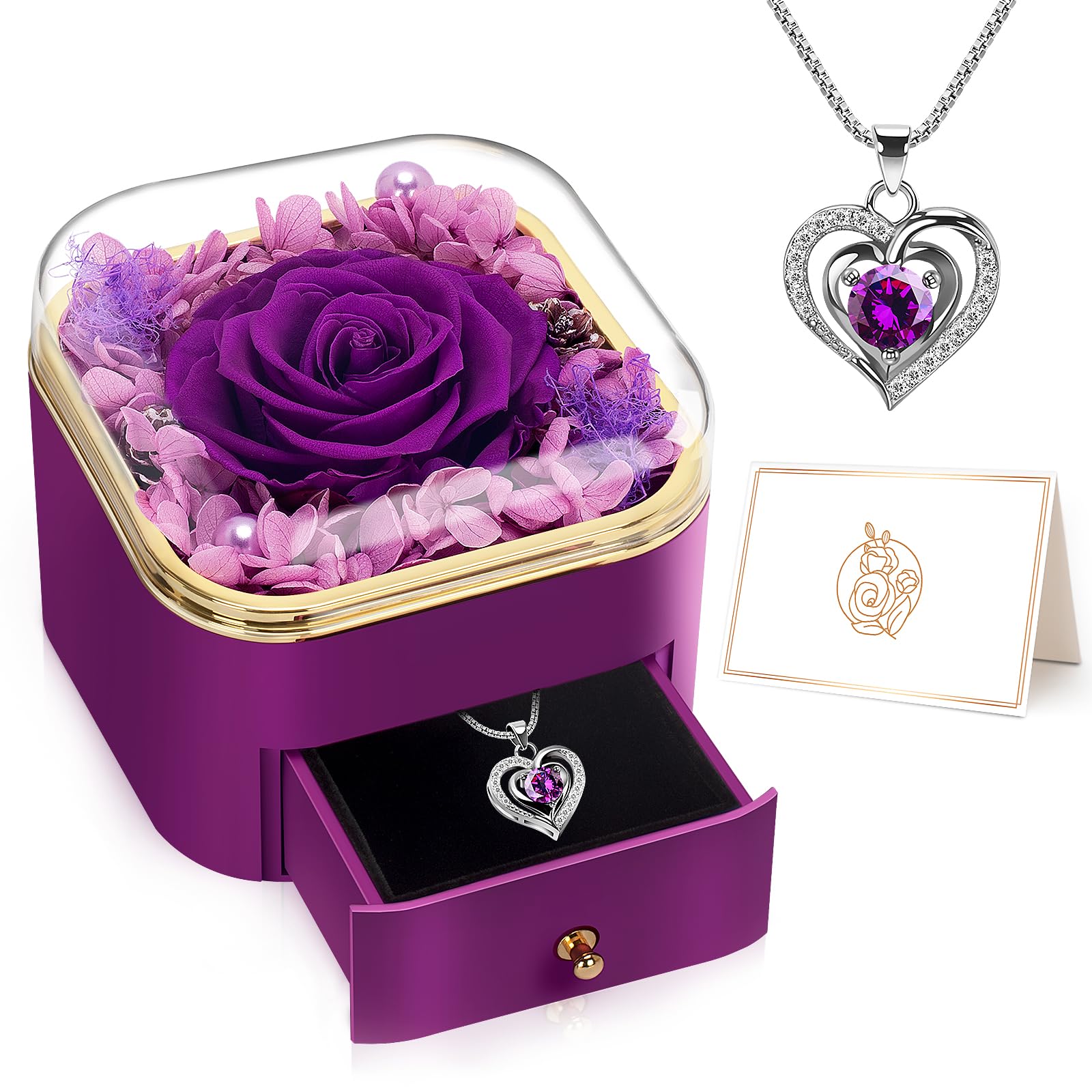 Real Preserved Rose with Heart Necklace - Romantic Eternal Flower Gift for Women, Girlfriend, Wife, Mom, Grandma - Birthday, Anniversary, Christmas Present - Perfect for Special Occasions & Keepsakes (Purple)