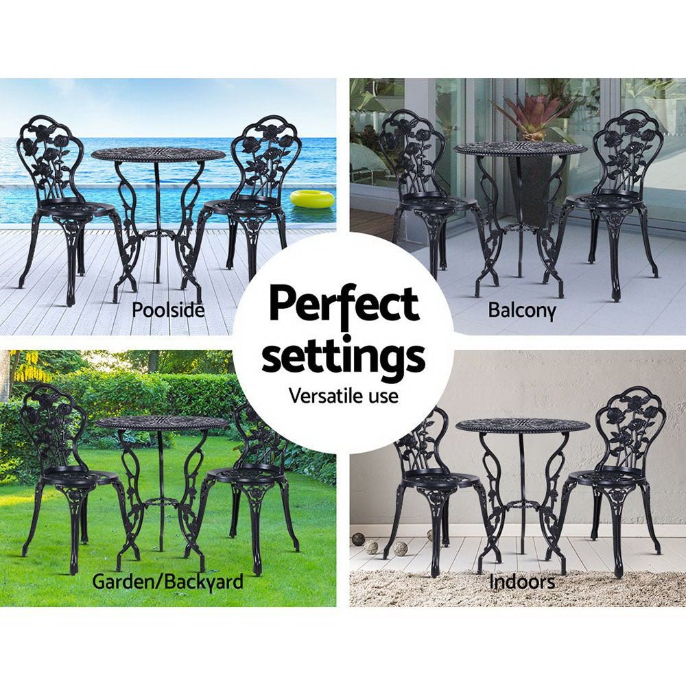 3-Piece Outdoor Bistro Set with Cast Aluminum Table and Chairs in Rose Black - Perfect for Patio, Garden, and Backyard Dining