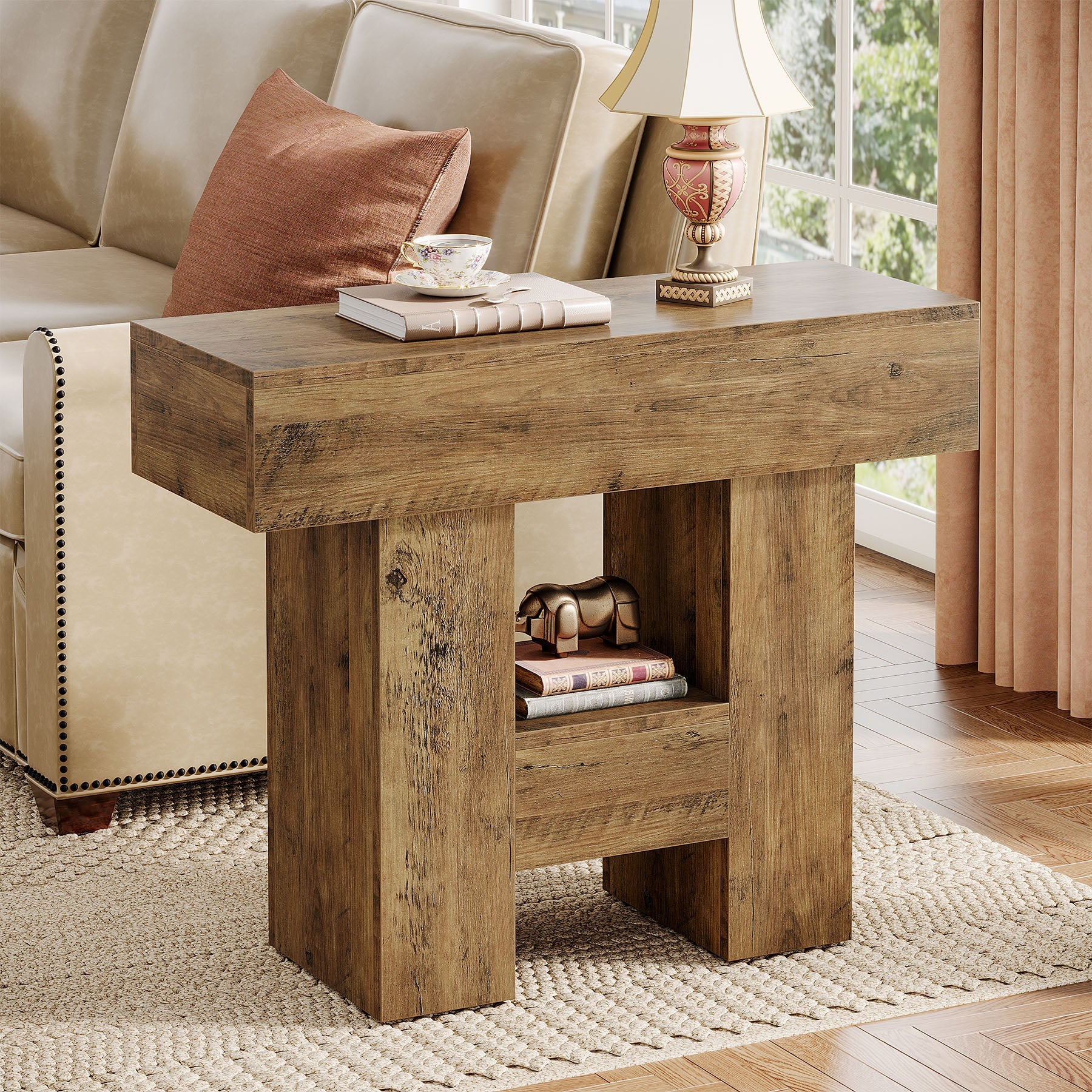 Farmhouse End Table with 2-Tier Shelf - 31.5 Inch Sturdy Sofa Side Table for Living Room, Bedroom & Patio - Rustic Coffee Table with Heavy Duty Metal Base