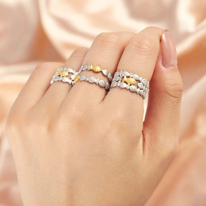 Stylish Silver Fish Layered Stacking Rings Set | Trendy Adjustable Stackable Rings for Women | Perfect for Everyday Wear, Gift Giving & Boho Fashion