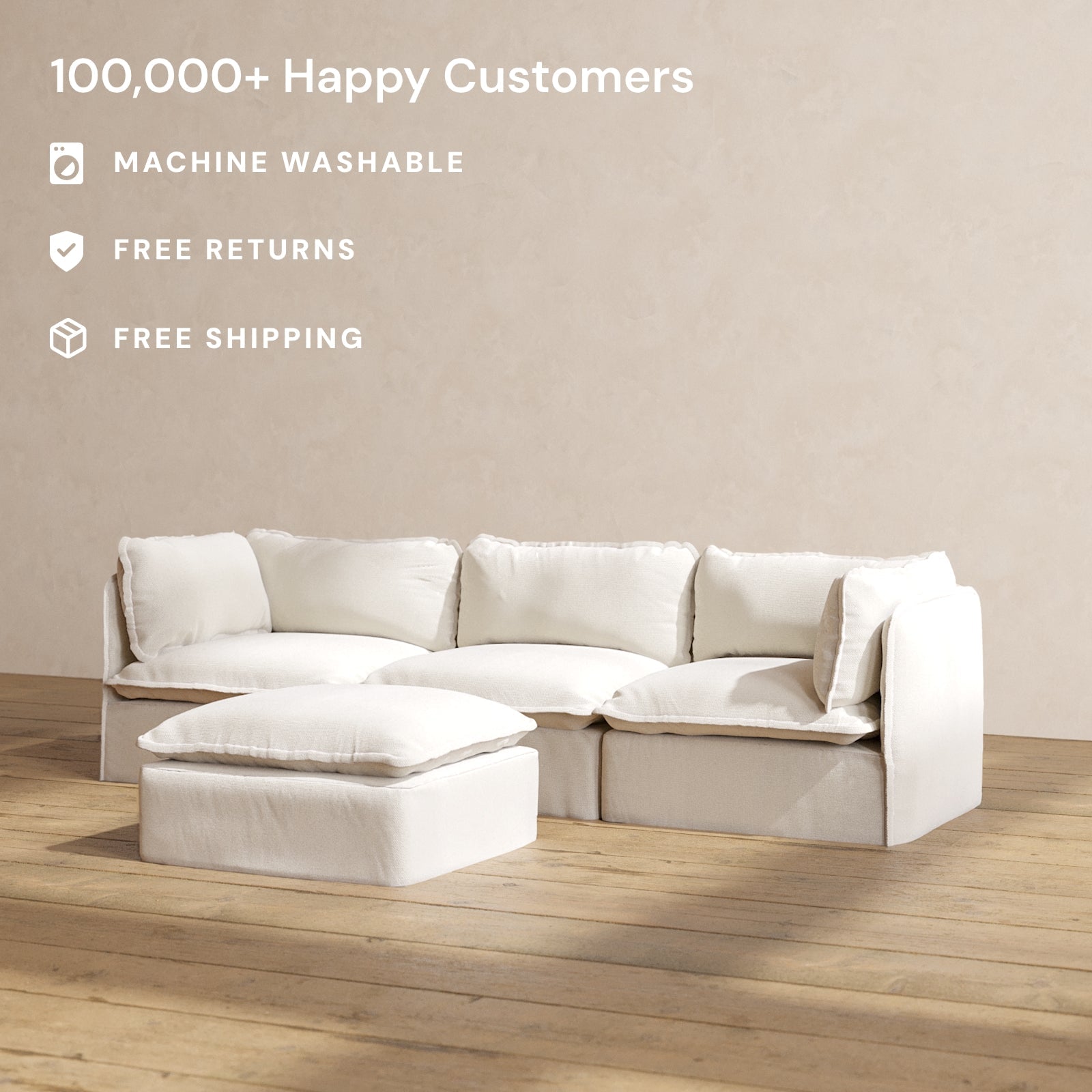 Premium Modular Performance 3-Seater Sofa with Ottoman in Luxe Flour Fabric - Modern Sectional Couch for Living Room, Lounge & Entertainment Spaces
