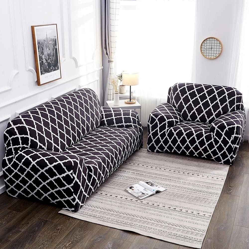 ELEOPTION Stretch Sofa Cover - Printed Elastic Couch Slipcover for 3-Cushion Couches, Universal Furniture Protector (Black) | Perfect for Living Room, Family Room & Home Decor