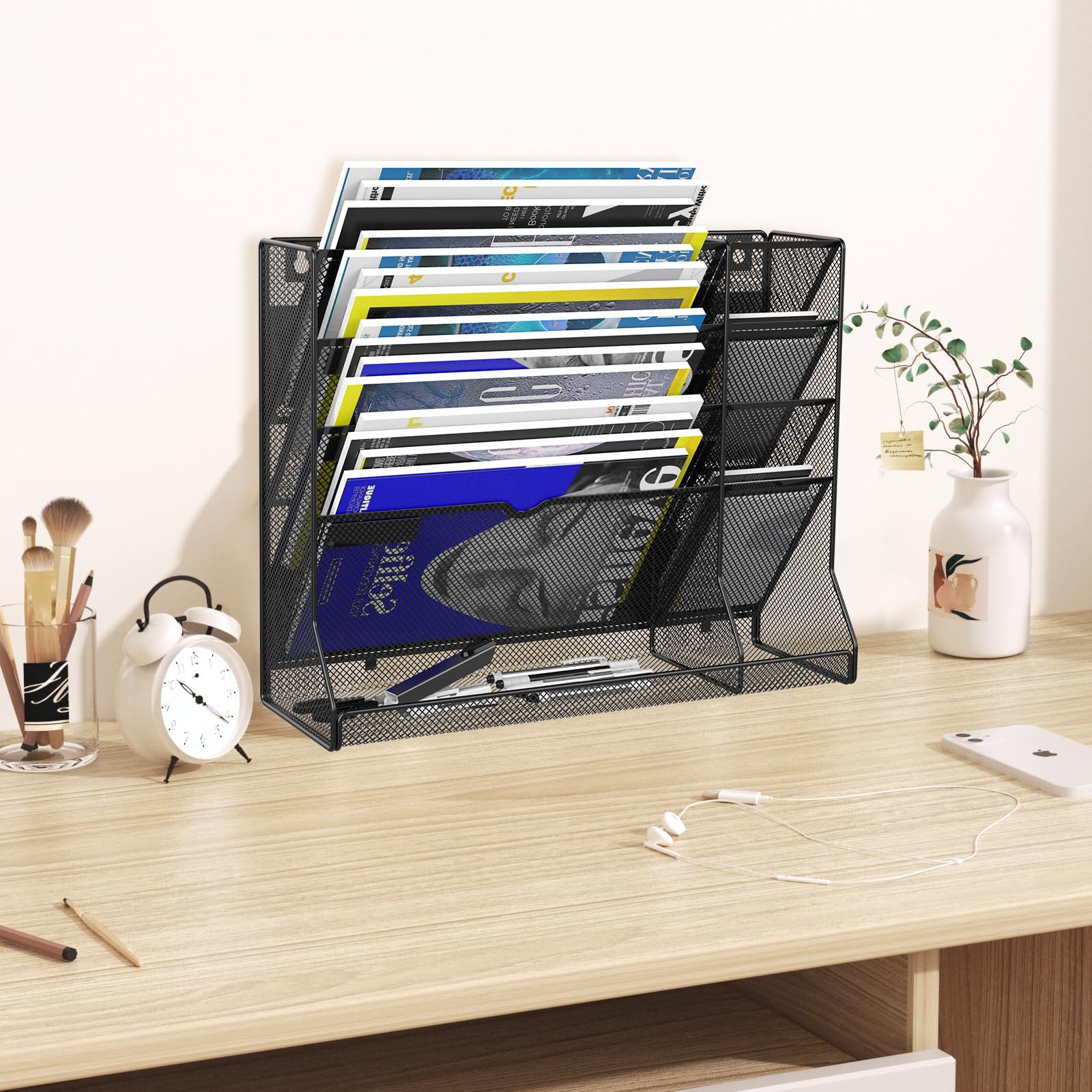 5-Tier Magnetic File Organizer with R-Shaped Bottom Tray - Hanging Mail & Document Holder for Office & Home - Includes 4 Pen Holders - Perfect for Desk Organization, Wall Storage & Paper Management (Black)