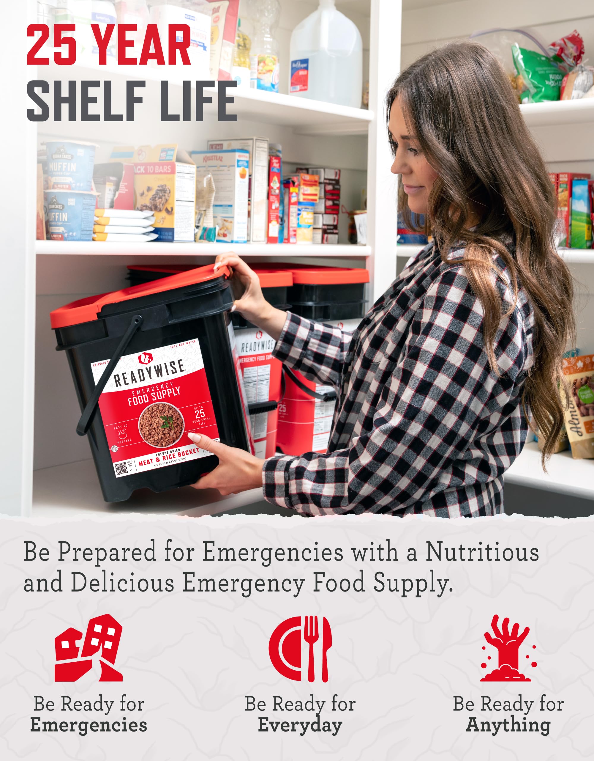 READYWISE Emergency Food Supply Bucket - Freeze-Dried Chicken, Beef, Pork & Rice Survival Meals | 25-Year Shelf Life | 48 Meat & 40 Rice Servings | Camping, Hiking & Emergency Preparedness Essentials | Perfect for Outdoor Adventures, Natural Disasters & Long-Term Food Storage
