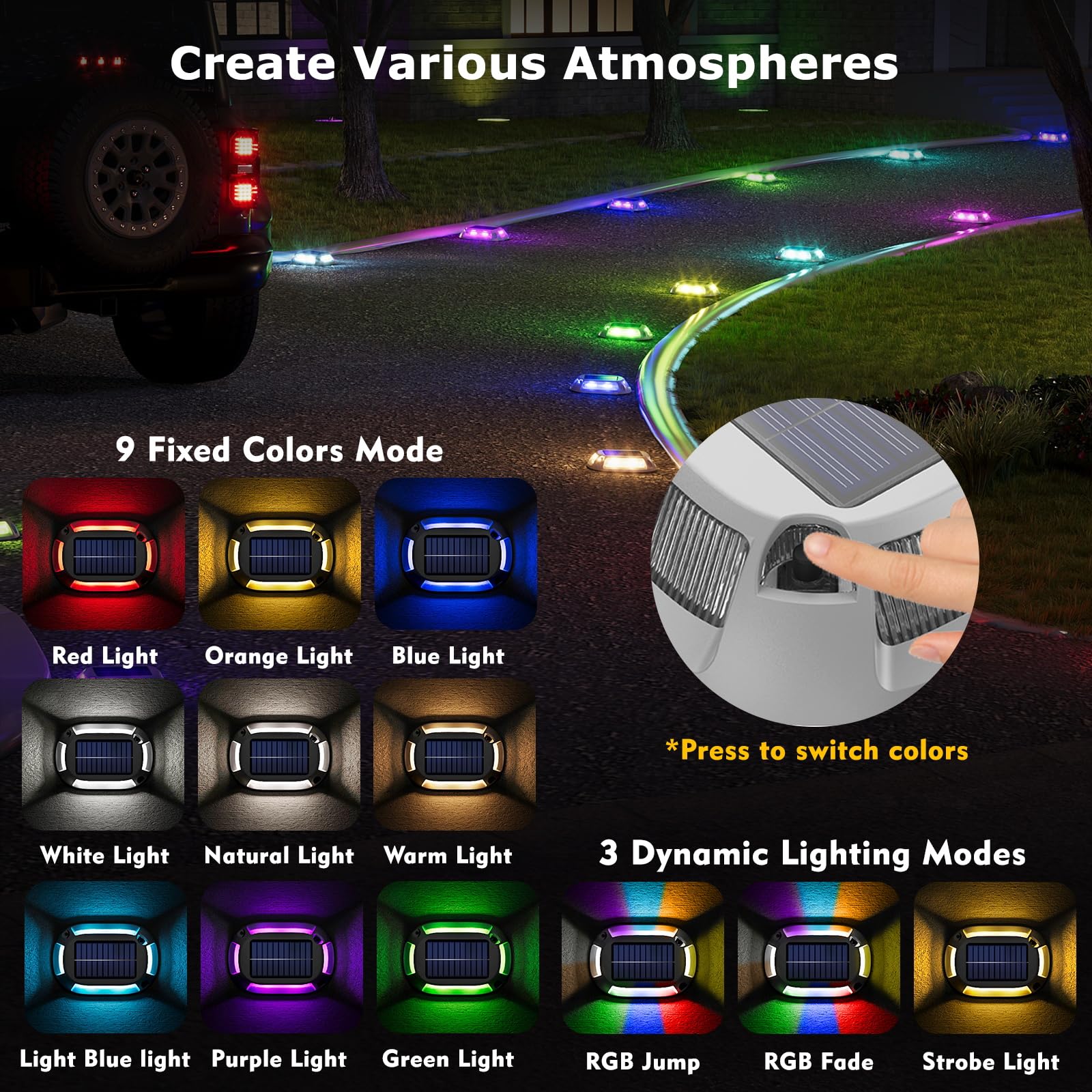 12Modes Multicolor Solar Driveway Lights - IP68 Waterproof Marine Dock Lights with 4Way LED Markers - Aluminum Alloy Boat & Deck Lighting - RGB Pathway Lights for Garden, Yard, Walkway [12Pack]