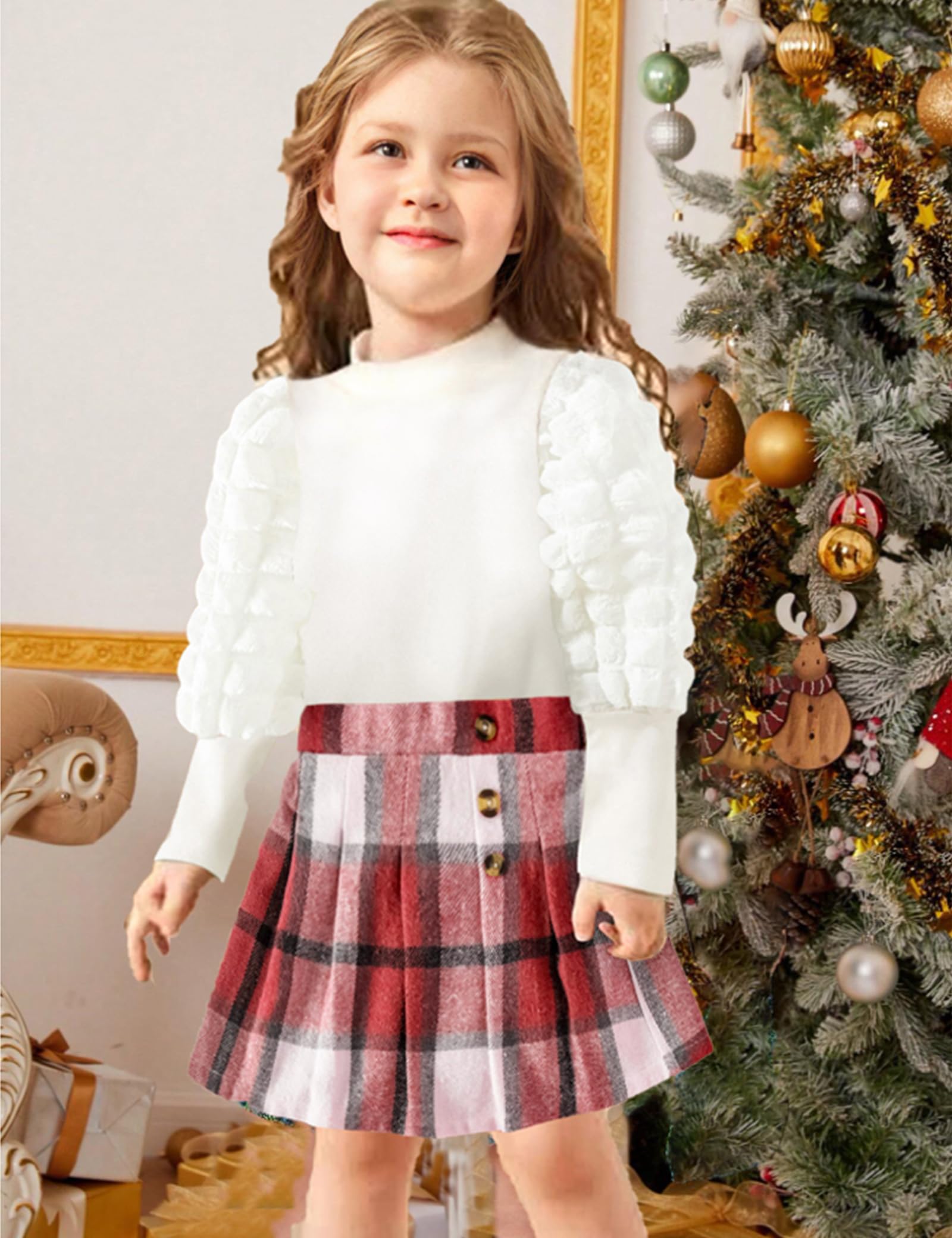 Toddler Girl Outfit Set - Puff Sleeve Top & Plaid Pleated Skirt 2-Piece Winter Clothes for Baby Girls | Fall & Winter Fashion, Holiday Dresses, Birthday Party Outfits