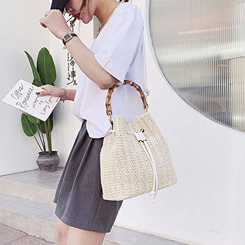 Stylish Women's Straw Bucket Bag with Drawstring - Bamboo Tote Crossbody Shoulder Bag for Beach, Travel & Summer Outfits