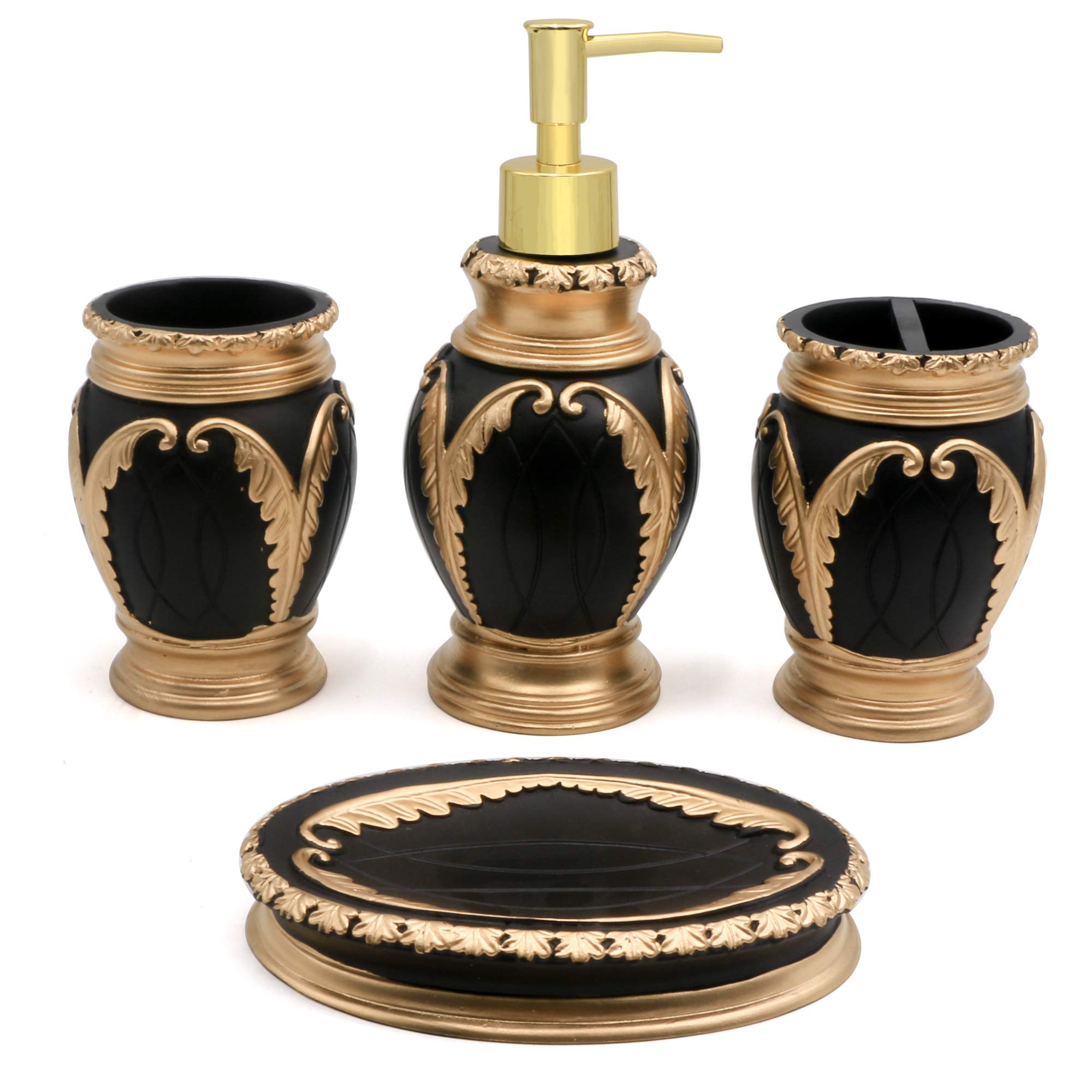 LUANT 4-Piece Bathroom Accessory Set - Black & Gold Tumbler, Toothbrush Holder, Soap Dish & Dispenser | Modern Vanity Organization for Bathroom Countertop Decor