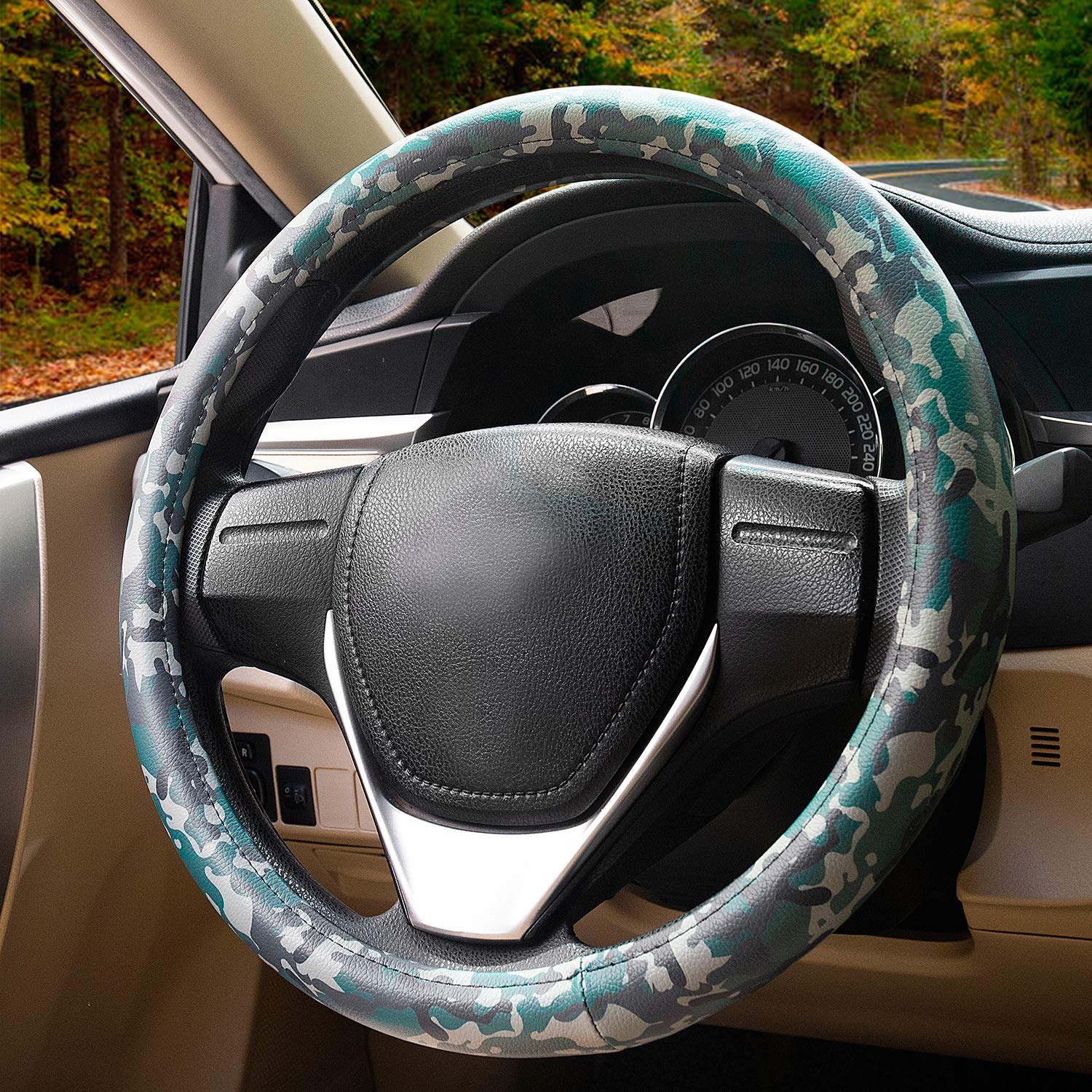 Evankin 15 Inch Green Camo PU Leather Steering Wheel Cover - Universal Fit, Handmade & Non-Slip - Car Accessories for Men & Boys (Great for Off-Roading, Daily Commute & Truck Enthusiasts)