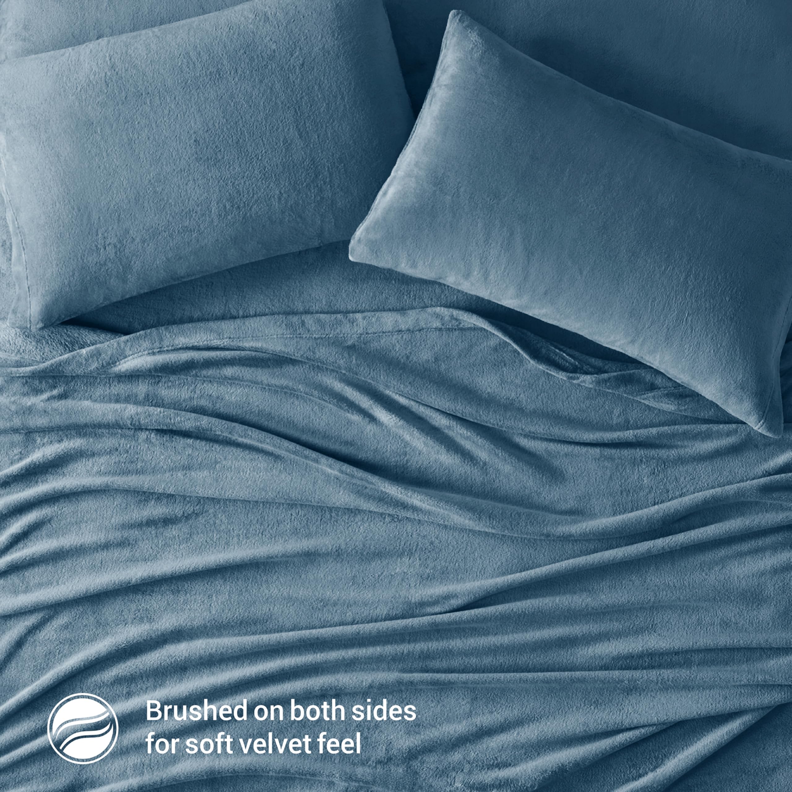 True North by Sleep Philosophy 4-Piece Plush Sheet Set - Queen Size, Solid Blue, Ultra Soft & Warm Bedding, Fitted Pocket Fits 16