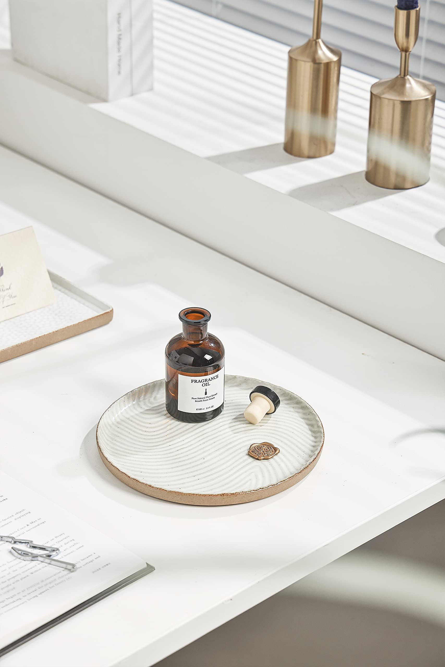 Elegant White Round Vanity Tray with Brown Trim - 8