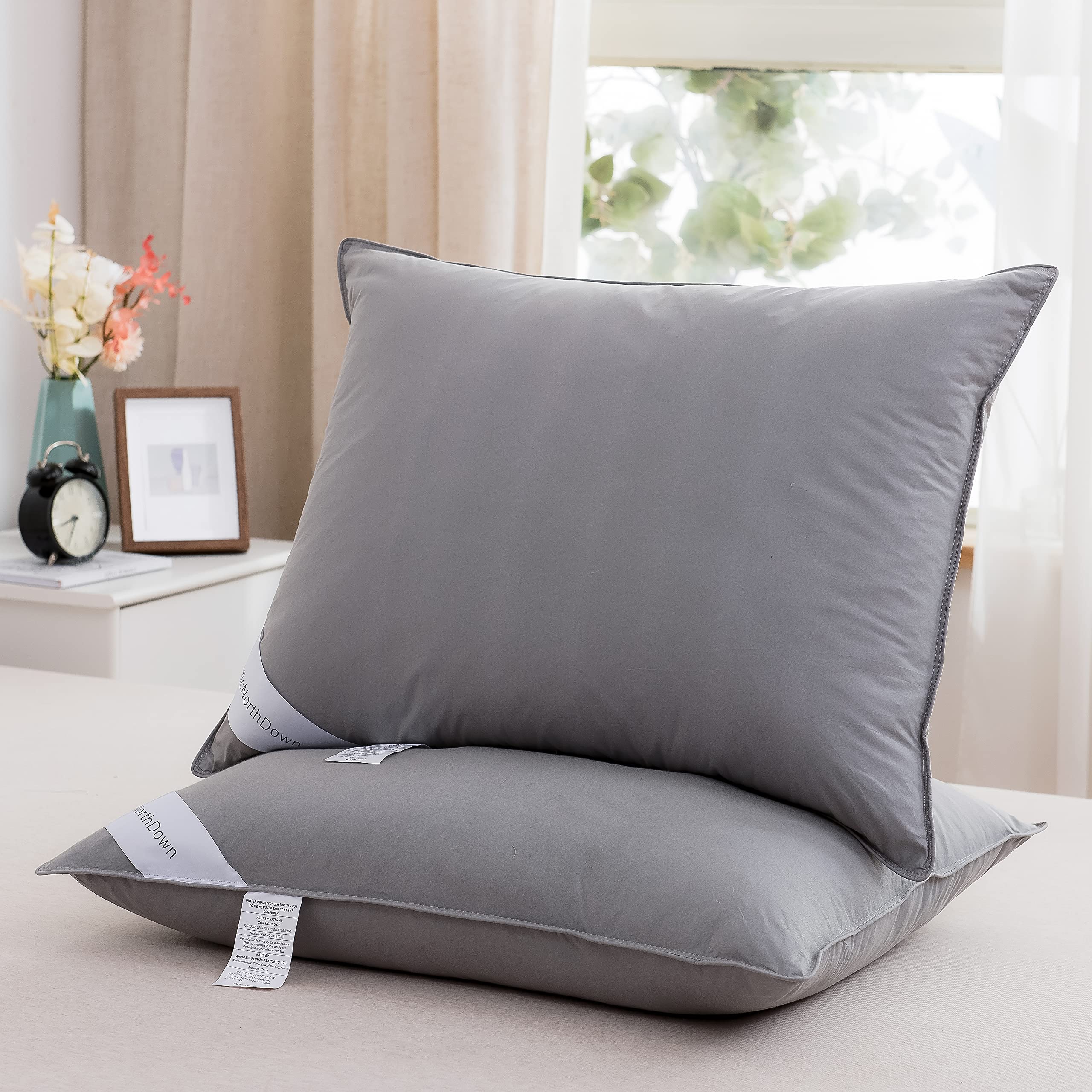Premium Grey Goose Down Feather Pillows for Sleeping - 100% Cotton Fabric, Hypoallergenic, Supportive for Side, Back & Stomach Sleepers - Standard Size (20x26 inches) - 1 Pack, Grey - Perfect for Bedroom, Hotel & Travel Use