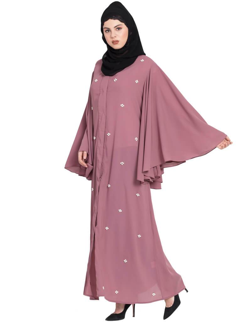 Elegant Arabic Butterfly Sleeve Open Front Pearl Embellished Dubai Kaftan - Pink Abaya for Women | Perfect for Weddings, Parties & Special Occasions