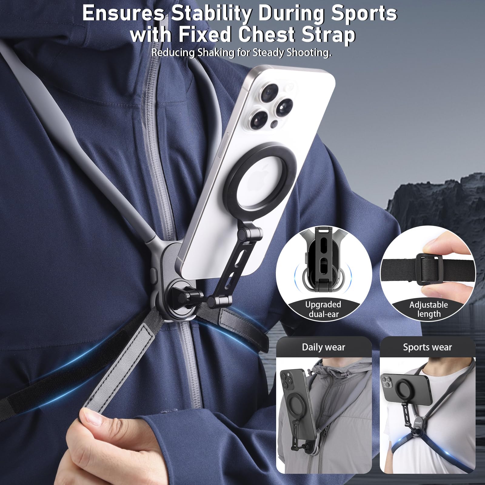 2024 Magnetic Neck Phone Mount - Hands-Free POV/Vlog Phone Holder with Anti-Shake Chest Strap for iPhone & Android (Grey) | Perfect for Recording, Live Streaming, Cooking, Workouts & Outdoor Activities