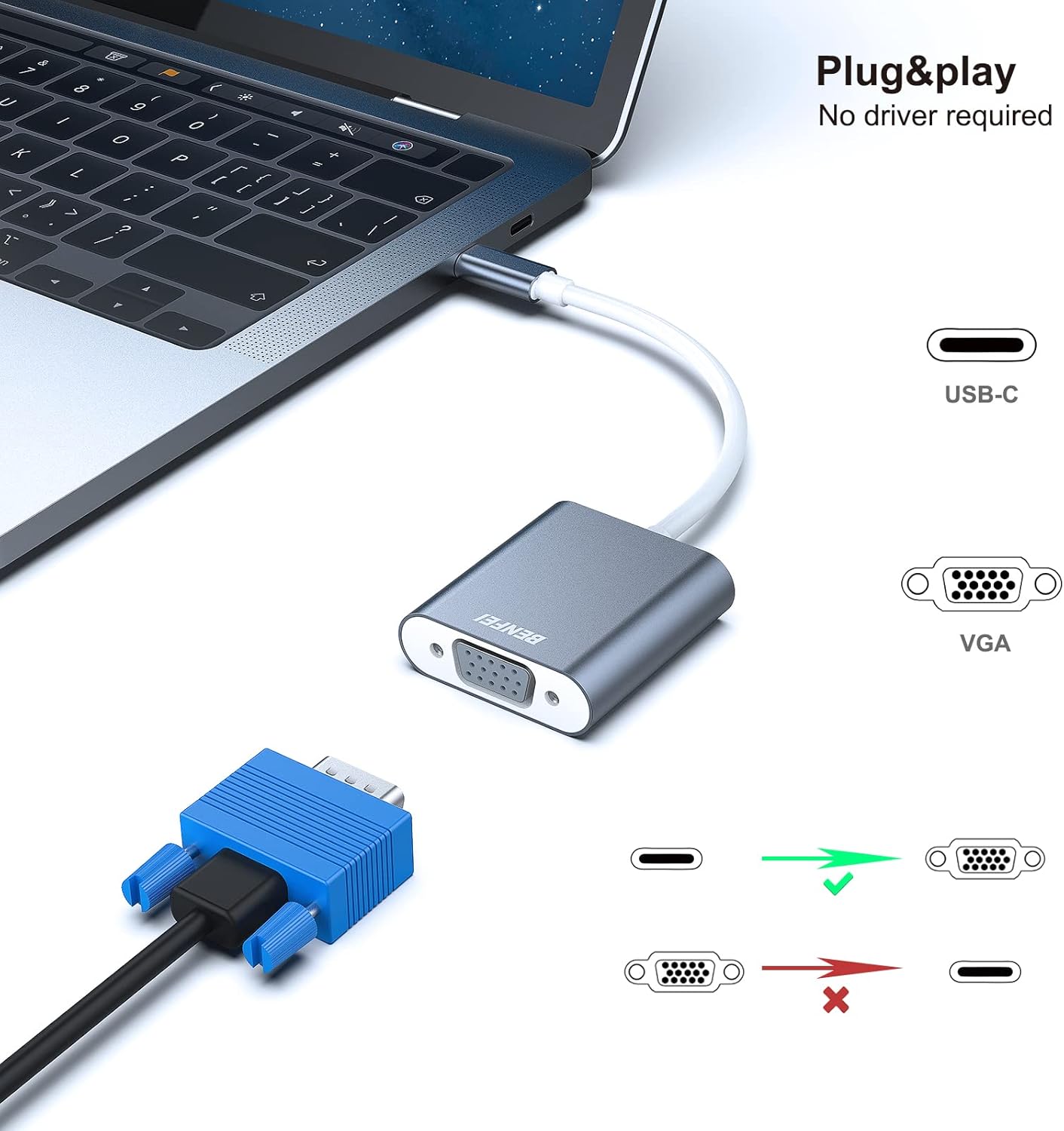 Premium BENFEI USB C to VGA Adapter with Aluminum Shell - Thunderbolt 3/4 Compatible for MacBook Pro/Air 2023, iPhone 15 Pro/Max, iPad Pro, iMac, Dell XPS 17, Surface Book 3 & Samsung Galaxy S23 - Ideal for Business Presentations & Home Office Setup [Space Gray]