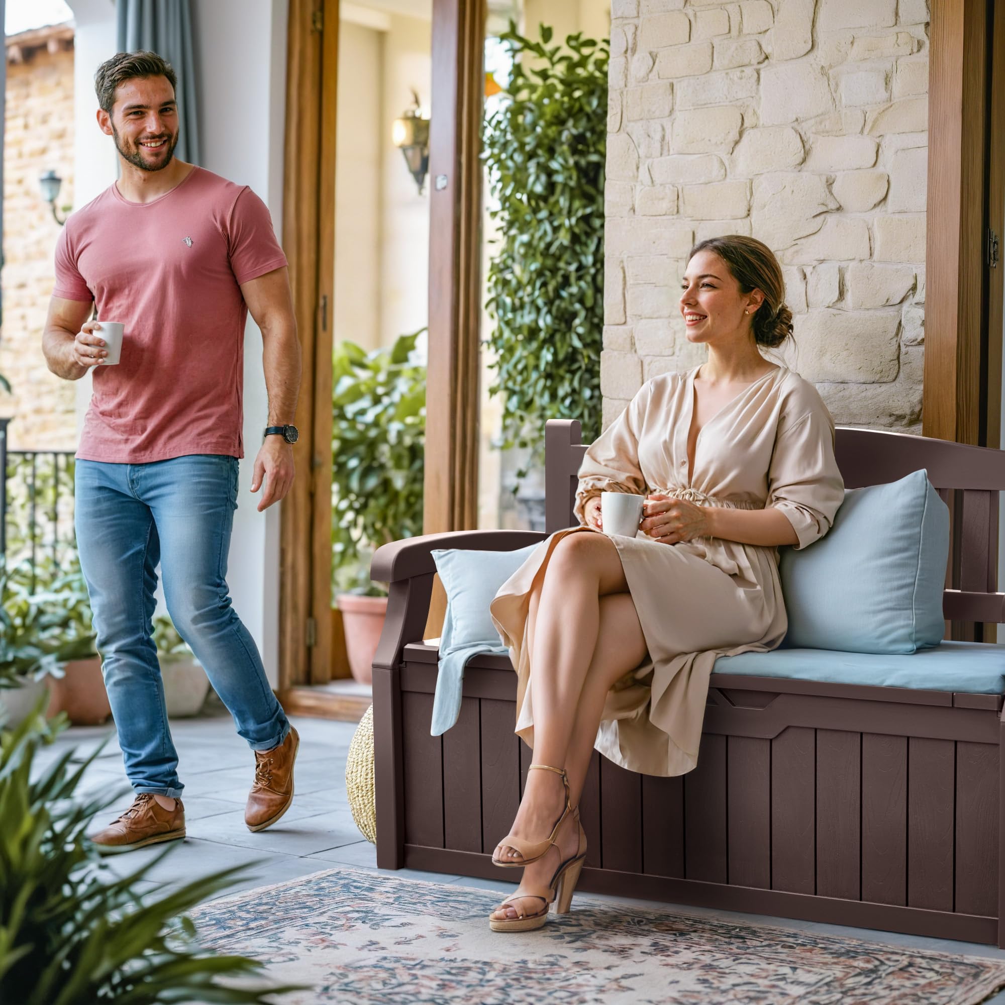 Greesum 70 Gallon Outdoor Storage Bench with Armrest - Waterproof & Durable Resin Patio Furniture - Weatherproof Brown Deck Box for Cushions, Toys & Outdoor Gear - Perfect for Garden, Poolside, Lawn & Backyard - Ideal for Patio Seating, Pool Storage, and Backyard Organization