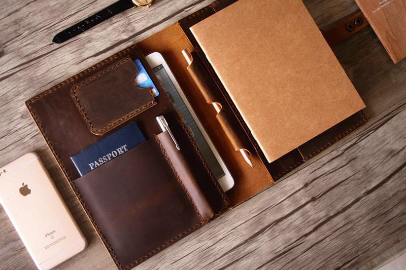 Premium Rustic Engraved Leather Portfolio Holder - Professional Document Organizer for Business Meetings & Office Use