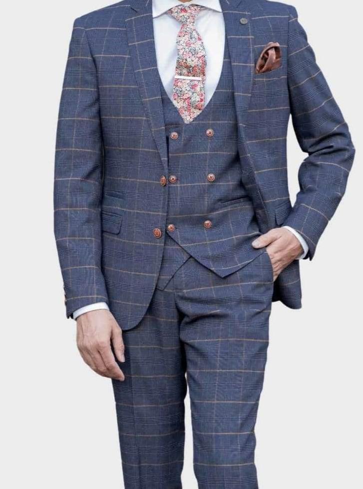 Marc Darcy Jenson Men's 3-Piece Navy Check Suit - Premium Wool Blend Business Formal Attire for Weddings, Office & Special Occasions